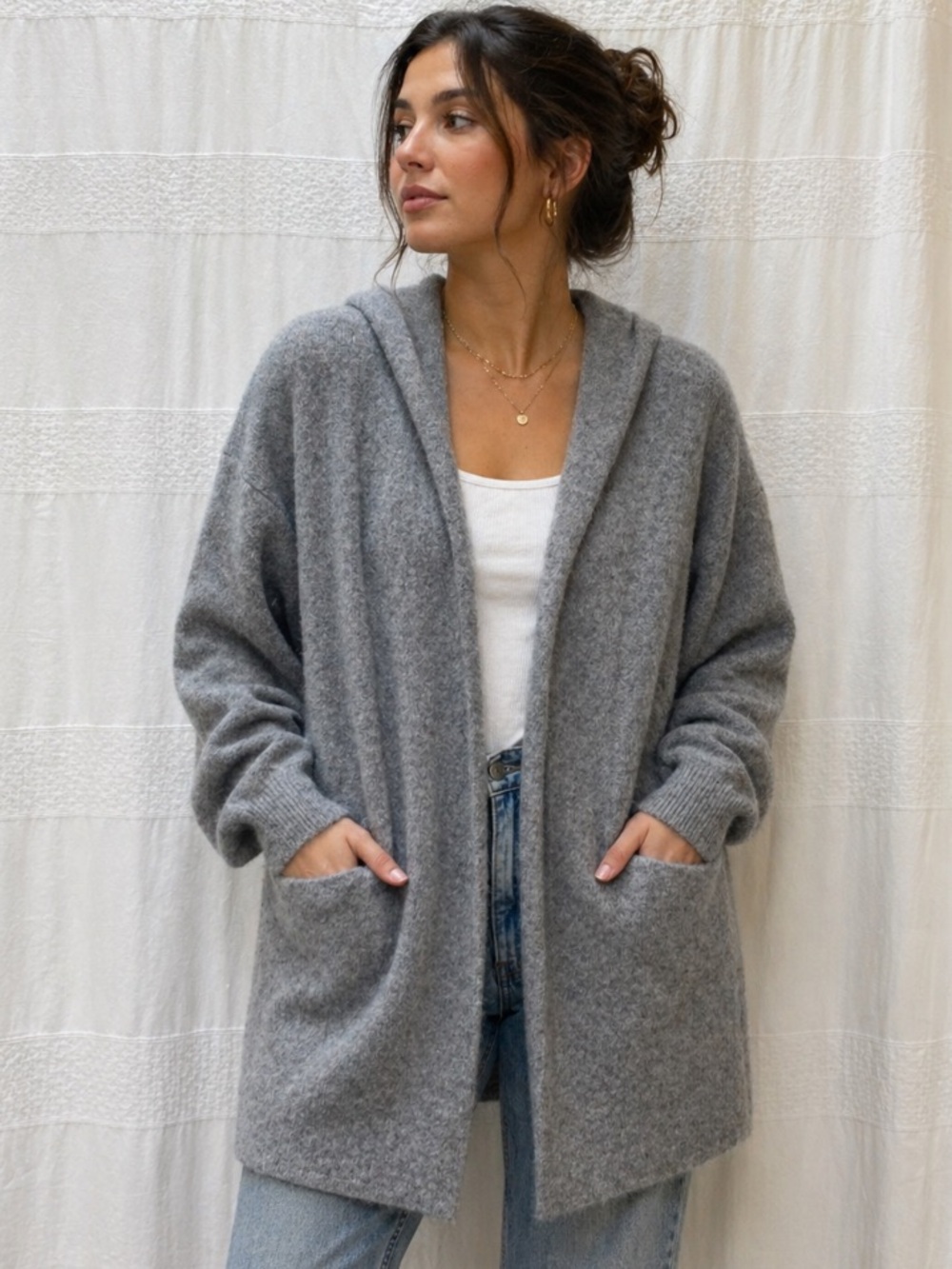 Beryll cashmere Hooded Open Cardigan in Heather Gray